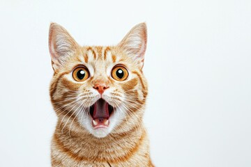 Obraz premium Ginger cat with an open mouth shows surprise in a studio against a clean white background