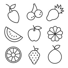 Minimalist Fruit Outline Icons Set with Clean Lines and Modern Black and White Style