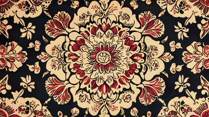 Traditional textile block print pattern like Ajrakh or Ikat, featuring abstract hand block prints, representing various cultural styles. -