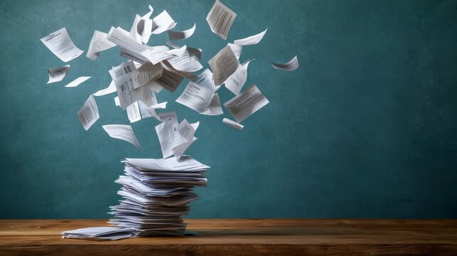 Tax papers cascading down in mid-air, with forms fluttering as they fall, symbolizing the stress and disarray of handling taxes and financial paperwork