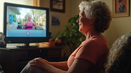 An elderly woman watches an exercise program on television, engaged and smiling in a cozy living room setting.