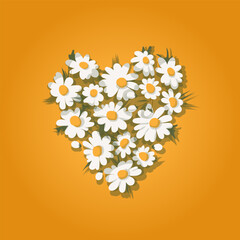 A bouquet of white flowers in the shape of a heart. Volumetric daisies on an orange background, 3D image effect. Poster, postcard, stamp, business card, post, advertisement