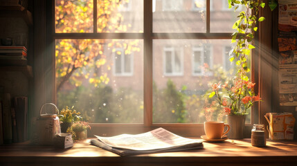 A cozy scene featuring sunlit window with autumn foliage outside, newspaper on wooden table, and cup of coffee beside small plant and flowers, creating warm and inviting atmosphere