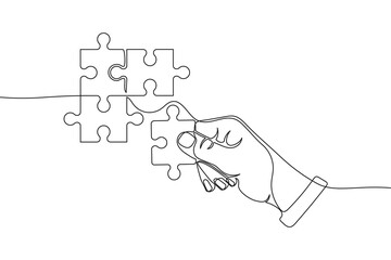 One continuous line illustration of hand putting jigsaw puzzle pieces together. Continuous line drawing of hand and jigsaw puzzles elements. Vector.