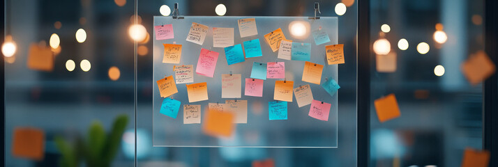 Creative workspace with colorful sticky notes on glass board, illuminated by warm lights. This vibrant setup encourages collaboration and brainstorming in modern office environment