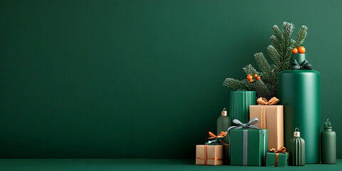 Christmas background with green and gold wrapped gifts, pine branches, and holiday ornaments on a dark green backdrop