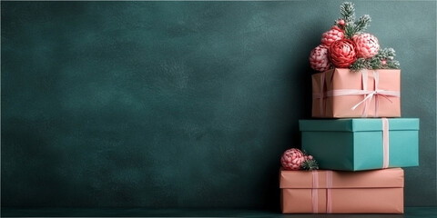 Christmas background with stacked gift boxes and festive decorations on a green backdrop