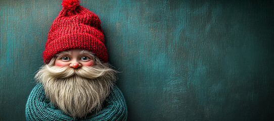 Adorable bearded gnome in red hat with teal background