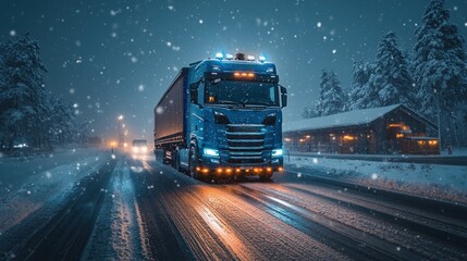 A blue truck driving through a snowy landscape at night.