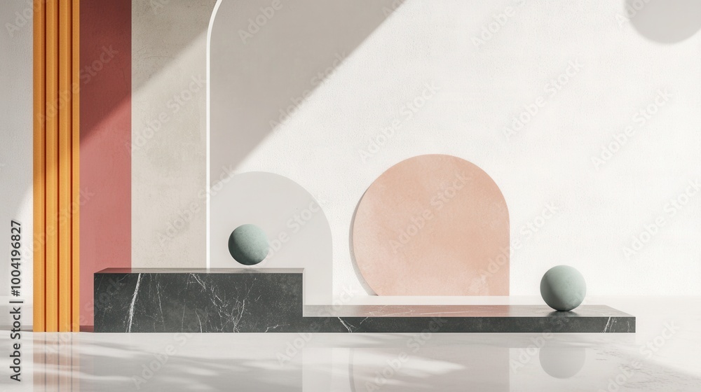 Poster an abstract minimalist composition with geometric shapes in muted colors on a white background