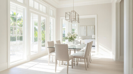 A bright and airy dining room featuring modern glass table surrounded by elegant beige chairs. large windows allow natural light to flood space, creating serene atmosphere