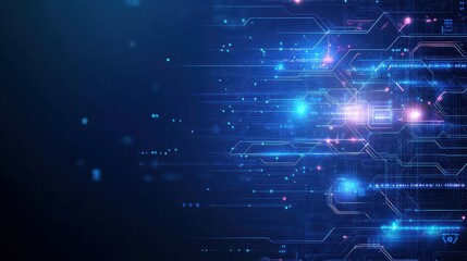 Fototapeta premium Dark blue background with abstract circuits and glowing digital elements, cyberpunk, hightech, holographic light effects, futuristic, technologydriven