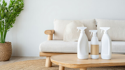 Cozy living room featuring light colored sofa, wooden coffee table, and cleaning spray bottles. space is bright and inviting, perfect for fresh and clean atmosphere