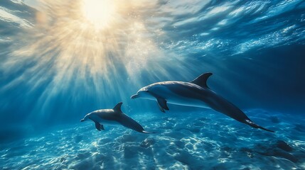 Obraz premium Dolphins harmoniously swimming in idyllic clear ocean setting