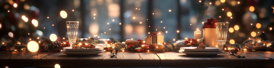 A beautifully set Christmas dinner table adorned with festive decorations, sparkling lights, and delicious food, creating warm and inviting atmosphere for celebration