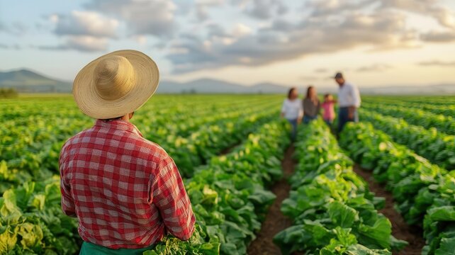 A farmworker picking crops in harsh conditions, while a wealthy family shops at a highend organic market   agricultural inequality, labor exploitation