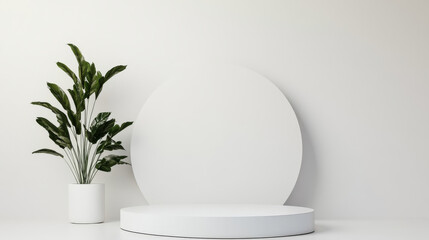 Minimalist design with round white platform and potted plant creates serene atmosphere, perfect for showcasing products or art. clean lines and neutral colors enhance modern aesthetic