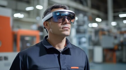 A man wearing augmented reality glasses stands in an industrial setting, showcasing innovative technology and focused engagement in his work environment.