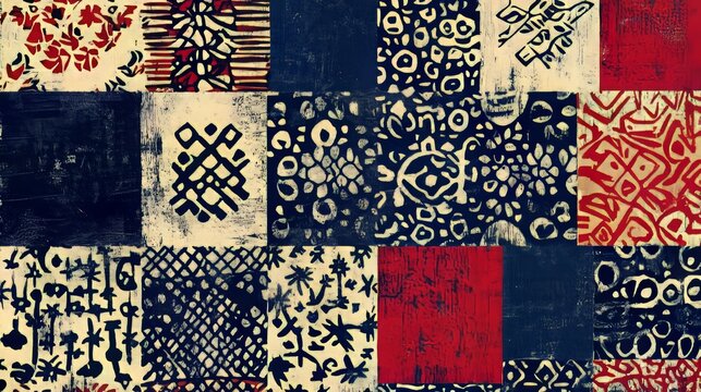 Traditional textile block print pattern like Ajrakh or Ikat, featuring abstract hand block prints, representing various cultural styles. -