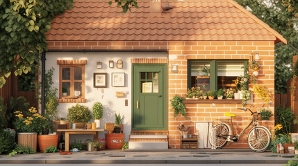 A charming brick house with green door, surrounded by vibrant flowers and plants. bicycle rests against wall, adding to cozy atmosphere of this inviting home