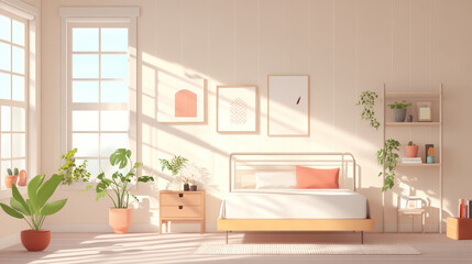 Fototapeta premium A bright and airy bedroom featuring minimalist design with bed, potted plants, and natural light streaming through large windows. warm tones create cozy atmosphere