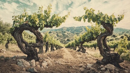 An old vineyard with gnarled vines, symbolizing the enduring legacy of wine cultivation. The image captures the beauty of the landscape while reflecting the deep roots of winemaking traditions.