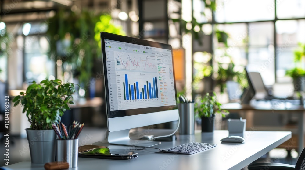 Poster modern office workspace featuring a computer with graphs and plants.