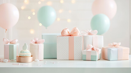Beautifully arranged pastel colored gifts and cupcake create festive atmosphere, perfect for celebrations. soft hues and elegant bows add charm to scene