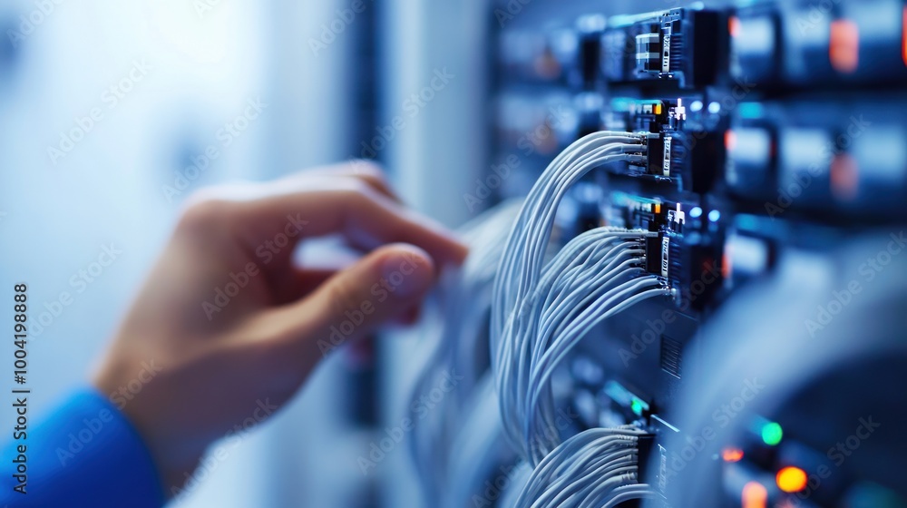 Poster a hand connecting cables in a server rack, highlighting data management and technology.