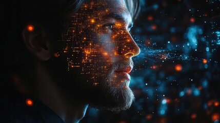 futuristic businessman interacting with holographic ai chatbot interface data streams and neural networks visualized