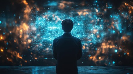 futuristic businessman interacting with holographic ai chatbot interface data streams and neural networks visualized