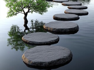 Tranquil pathway: stepping stones leading to a lone tree in serene water