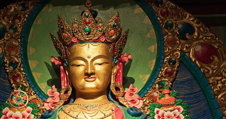 Buddha. Gompas Are Buddhist Altars Or Monasteries Located In Himalayan Region. Altar Represents Triratna -three Jewels-, Buddha, Dharma -discussions And Teachings Of Buddha- And Sangha -monastery-