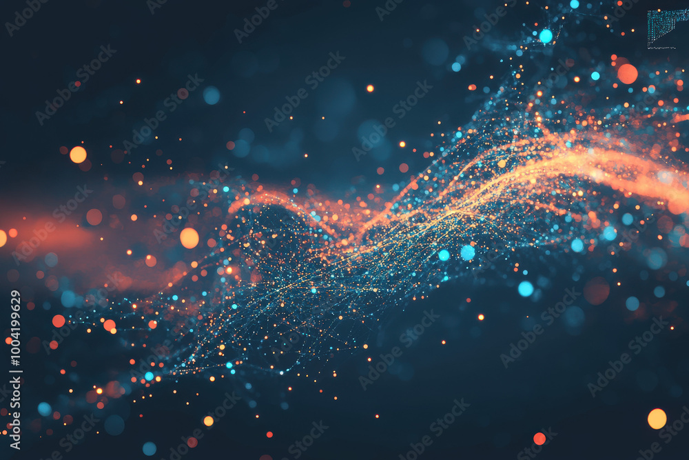 Poster vibrant abstract design showcasing a mesmerizing wave of light particles flowing gracefully through 