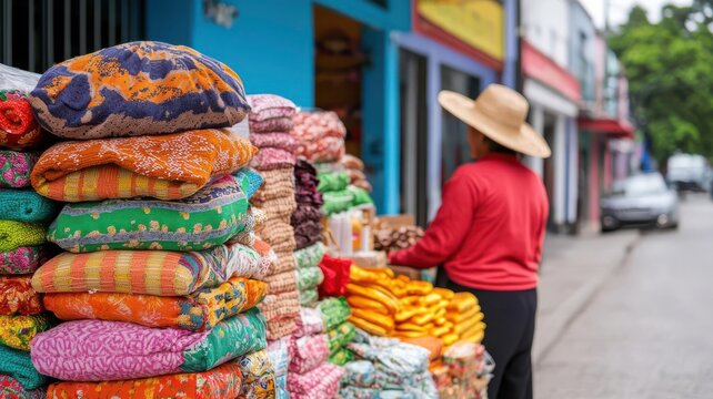 A street vendor selling handmade goods, while highend boutiques nearby sell designer products at exorbitant prices   economic contrast, luxury vs necessity