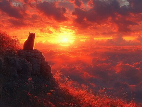 Majestic cat watching fiery sunset over cloudscape
