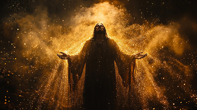
silhueta de Jesus Cristo cruz e le&atilde;o, raios de luzes douradas vindos do c&eacute;u, fuma&ccedil;a no ar, gloriosa atmosfera dourada de f&eacute;