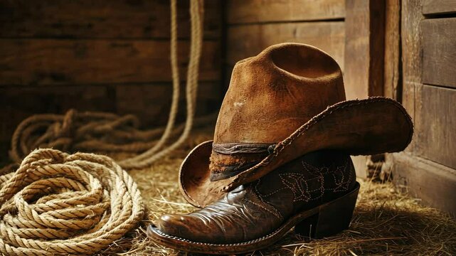 A worn cowboy hat and boot rest beside a coil of rope in a barn
