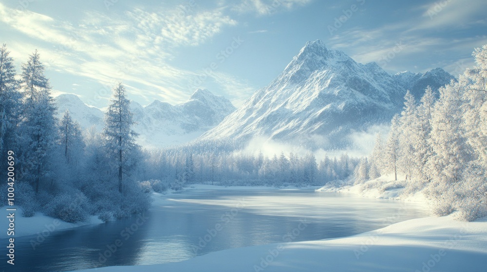 Poster a snowy mountain range with a river running through it
