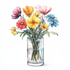 A vibrant bouquet of assorted flowers in a clear glass vase.