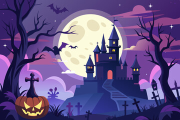 A spooky Halloween scene featuring a silhouette of a haunted castle under a large full moon. Castle silhouette and full moon Halloween background.