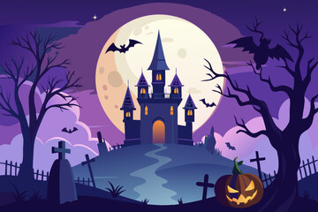 A spooky Halloween scene featuring a silhouette of a haunted castle under a large full moon. Castle silhouette and full moon Halloween background.