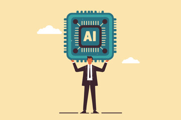 illustration of standing businessman lifting a large chip marked AI