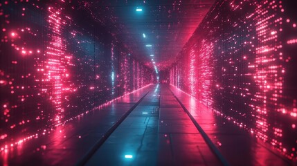 futuristic virtual reality chamber with holographic interfaces and iridescent energy fields sleek scifi aesthetic with vibrant color palette