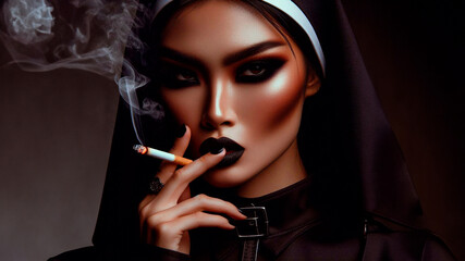 Obraz premium Portrait of a nun, expressive aggressive arrogant look, very bright and flashy makeup in dark tones, a lit smoldering cigarette in her hand