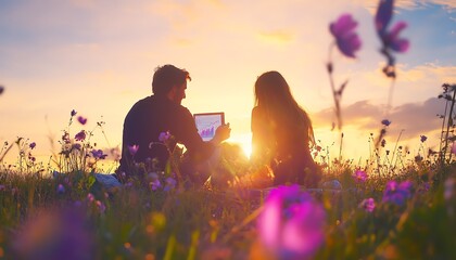 Couple looking at laptop at sunset