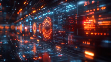 futuristic visualization of business process automation holographic displays float in a sleek dark environment showcasing data flows and analytics in neon colors