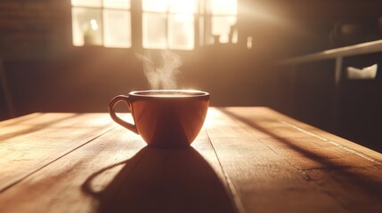 A steaming cup of coffee sits on a wooden table, illuminated by soft sunlight.
