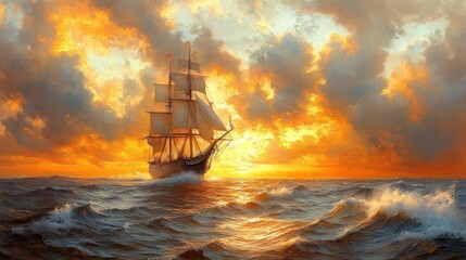 Fototapeta premium gentle waves lapping at a ship sailing peacefully on a tranquil sea golden sunset reflecting off the water soft clouds in the sky creating a serene atmosphere