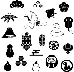 シンプルな縁起物のイラストセット　白黒